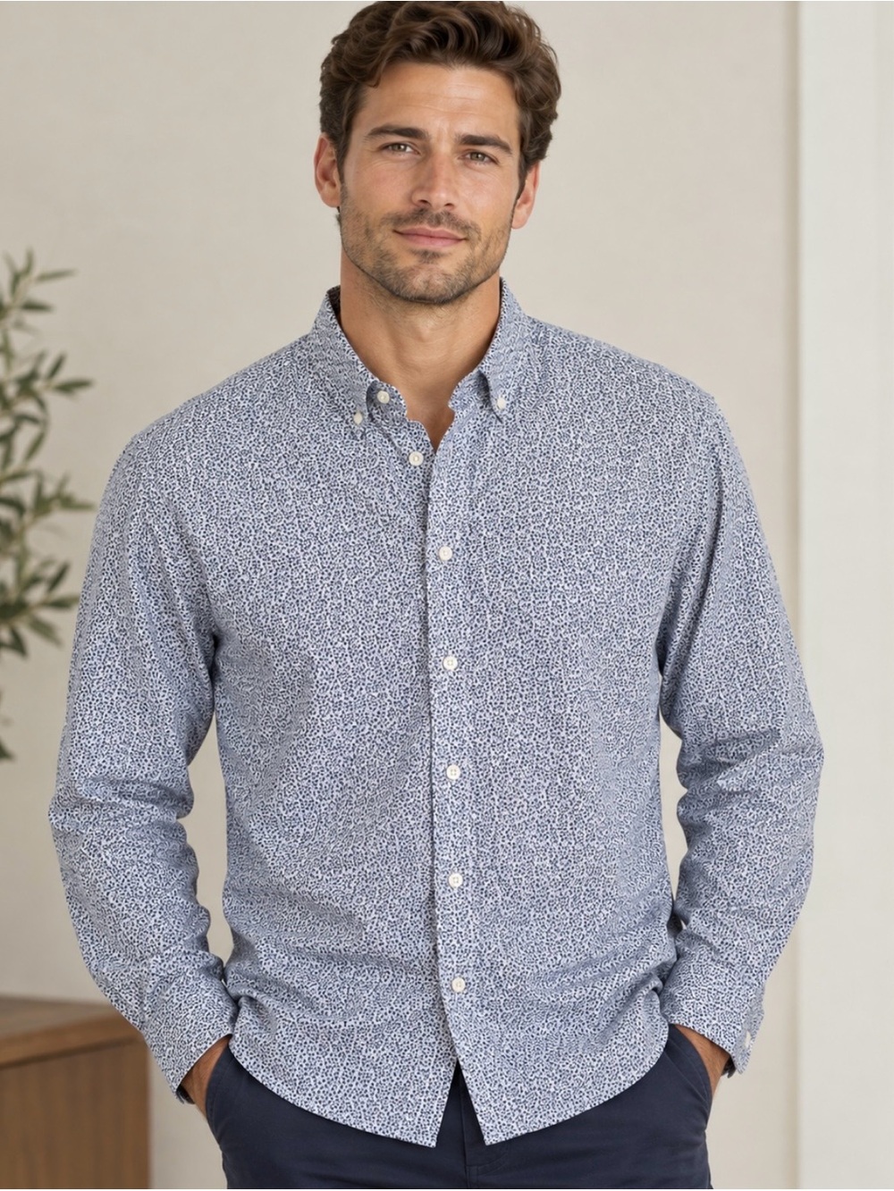 International Report Men's Blue Patterned Button-Down Dress Shirt. Large